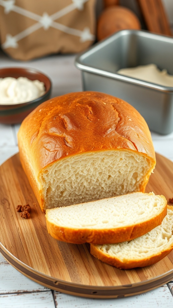 Classic Bread Machine 2 Pound Loaf Recipe A golden brown 2-pound loaf of bread on a cutting board, sliced to show fluffy interior, with rustic kitchen elements in the background.